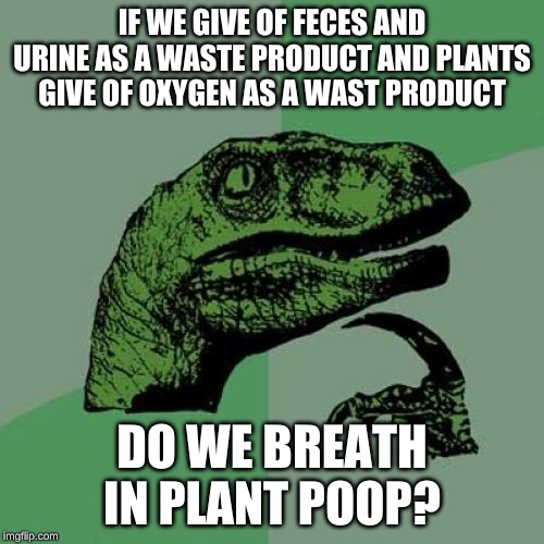 Philosoraptor | IF WE GIVE OF FECES AND URINE AS A WASTE PRODUCT AND PLANTS GIVE OF OXYGEN AS A WAST PRODUCT; DO WE BREATH IN PLANT POOP? | image tagged in memes,philosoraptor | made w/ Imgflip meme maker