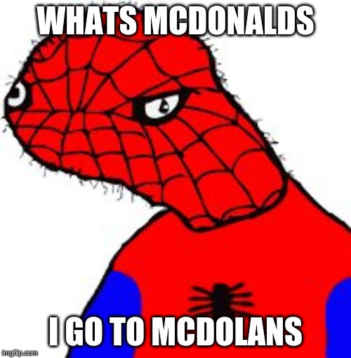 Spooder man | WHATS MCDONALDS; I GO TO MCDOLANS | image tagged in spooder man | made w/ Imgflip meme maker