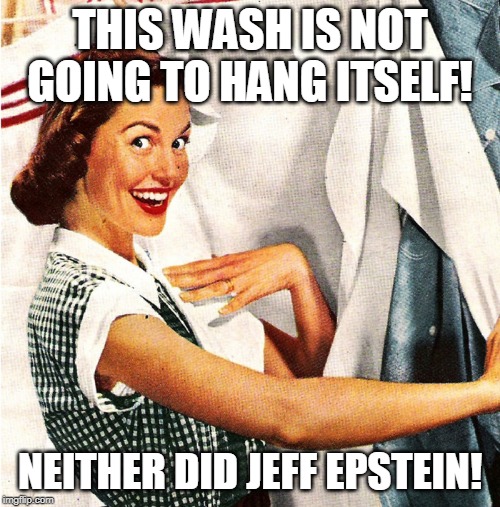 Vintage Laundry Woman | THIS WASH IS NOT GOING TO HANG ITSELF! NEITHER DID JEFF EPSTEIN! | image tagged in vintage laundry woman | made w/ Imgflip meme maker