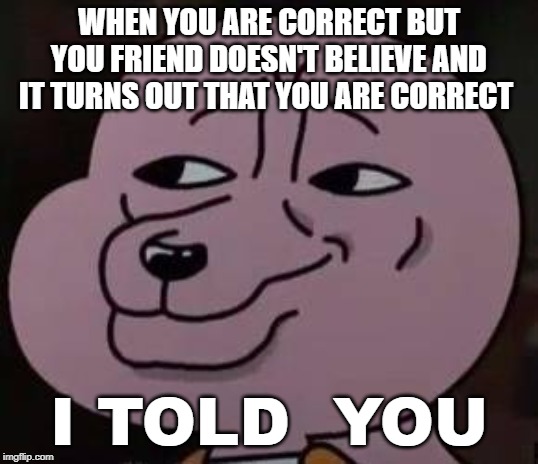 anais dog face meme | WHEN YOU ARE CORRECT BUT YOU FRIEND DOESN'T BELIEVE AND IT TURNS OUT THAT YOU ARE CORRECT; I TOLD  YOU | image tagged in classic | made w/ Imgflip meme maker