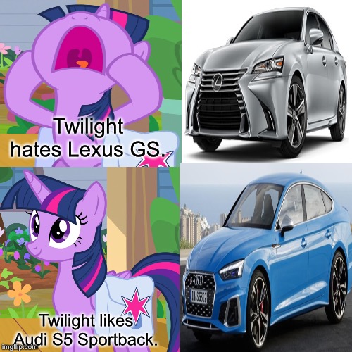 Twilight picks new Audi S5 Sportback better than Lexus GS | Twilight hates Lexus GS. Twilight likes Audi S5 Sportback. | image tagged in audi,lexus,twilight sparkle,mlp fim,2020,car | made w/ Imgflip meme maker