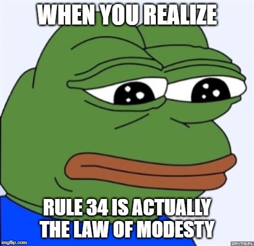 Actually, there are 2,500 universal laws! | WHEN YOU REALIZE; RULE 34 IS ACTUALLY THE LAW OF MODESTY | image tagged in sad frog,dissapointed,memes,rule 34,funny,disappointed | made w/ Imgflip meme maker