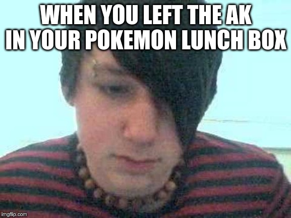 emo kid | WHEN YOU LEFT THE AK IN YOUR POKEMON LUNCH BOX | image tagged in emo kid | made w/ Imgflip meme maker