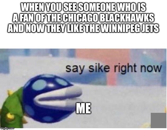say sike right now | WHEN YOU SEE SOMEONE WHO IS A FAN OF THE CHICAGO BLACKHAWKS AND NOW THEY LIKE THE WINNIPEG JETS; ME | image tagged in say sike right now | made w/ Imgflip meme maker