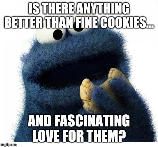 Cookie Monster Love Story |  IS THERE ANYTHING BETTER THAN FINE COOKIES... AND FASCINATING LOVE FOR THEM? | image tagged in cookie monster love story | made w/ Imgflip meme maker