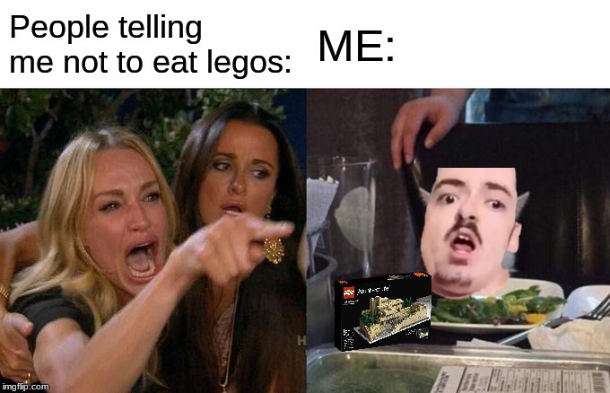 Woman Yelling At Cat | People telling me not to eat legos:; ME: | image tagged in memes,woman yelling at cat | made w/ Imgflip meme maker