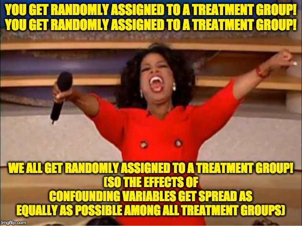 Oprah You Get A | YOU GET RANDOMLY ASSIGNED TO A TREATMENT GROUP!
YOU GET RANDOMLY ASSIGNED TO A TREATMENT GROUP! WE ALL GET RANDOMLY ASSIGNED TO A TREATMENT GROUP!
(SO THE EFFECTS OF CONFOUNDING VARIABLES GET SPREAD AS EQUALLY AS POSSIBLE AMONG ALL TREATMENT GROUPS) | image tagged in memes,oprah you get a | made w/ Imgflip meme maker