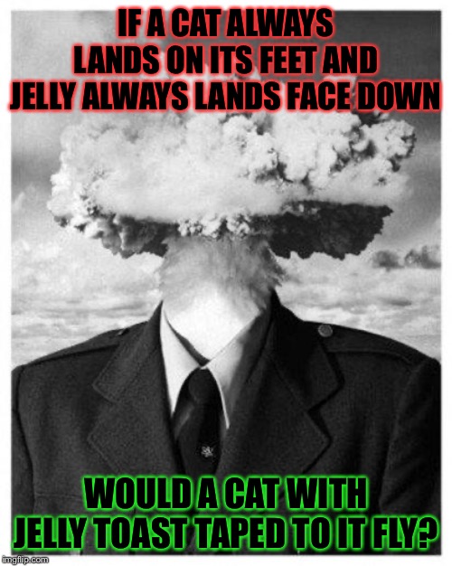 mind blown | IF A CAT ALWAYS LANDS ON ITS FEET AND JELLY ALWAYS LANDS FACE DOWN; WOULD A CAT WITH JELLY TOAST TAPED TO IT FLY? | image tagged in mind blown | made w/ Imgflip meme maker