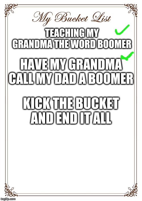 Bucket List | TEACHING MY GRANDMA THE WORD BOOMER; HAVE MY GRANDMA CALL MY DAD A BOOMER; KICK THE BUCKET AND END IT ALL | image tagged in bucket list | made w/ Imgflip meme maker