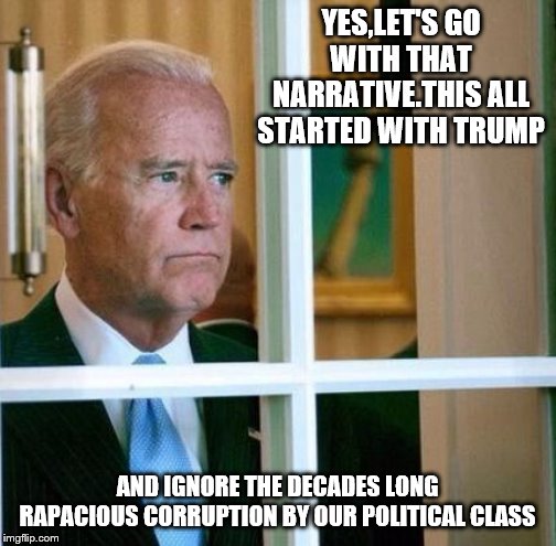 Sad Joe Biden | YES,LET'S GO WITH THAT NARRATIVE.THIS ALL STARTED WITH TRUMP AND IGNORE THE DECADES LONG RAPACIOUS CORRUPTION BY OUR POLITICAL CLASS | image tagged in sad joe biden | made w/ Imgflip meme maker