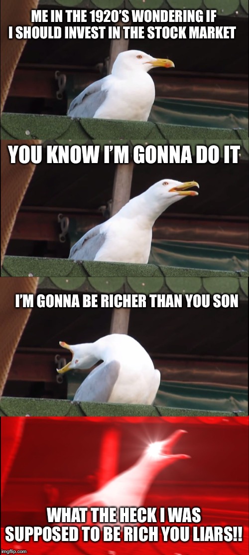 Inhaling Seagull | ME IN THE 1920’S WONDERING IF I SHOULD INVEST IN THE STOCK MARKET; YOU KNOW I’M GONNA DO IT; I’M GONNA BE RICHER THAN YOU SON; WHAT THE HECK I WAS SUPPOSED TO BE RICH YOU LIARS!! | image tagged in memes,inhaling seagull | made w/ Imgflip meme maker