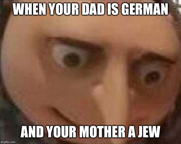gru meme | WHEN YOUR DAD IS GERMAN; AND YOUR MOTHER A JEW | image tagged in gru meme | made w/ Imgflip meme maker