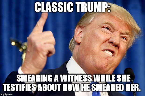 Trumpsmear | CLASSIC TRUMP:; SMEARING A WITNESS WHILE SHE TESTIFIES ABOUT HOW HE SMEARED HER. | image tagged in donald trump | made w/ Imgflip meme maker