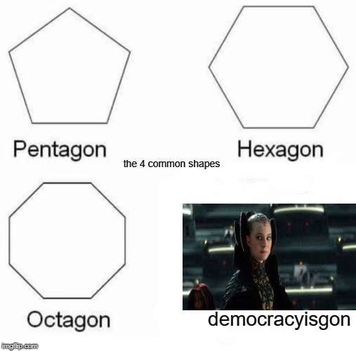 Pentagon Hexagon Octagon | the 4 common shapes; democracyisgon | image tagged in memes,pentagon hexagon octagon | made w/ Imgflip meme maker