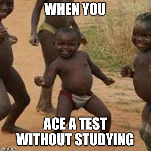 Third World Success Kid Meme | WHEN YOU; ACE A TEST WITHOUT STUDYING | image tagged in memes,third world success kid | made w/ Imgflip meme maker