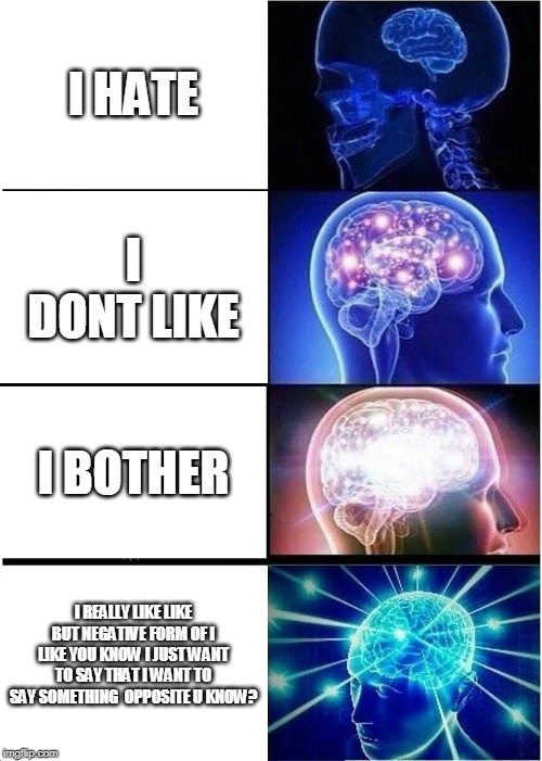Expanding Brain Meme | I HATE; I DONT LIKE; I BOTHER; I REALLY LIKE LIKE BUT NEGATIVE FORM OF I LIKE YOU KNOW I JUST WANT TO SAY THAT I WANT TO SAY SOMETHING  OPPOSITE U KNOW? | image tagged in memes,expanding brain | made w/ Imgflip meme maker