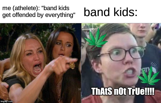 Woman Yelling At Cat Meme | me (athelete): "band kids get offended by everything"; band kids:; ThAtS nOt TrUe!!!! | image tagged in memes,woman yelling at cat | made w/ Imgflip meme maker
