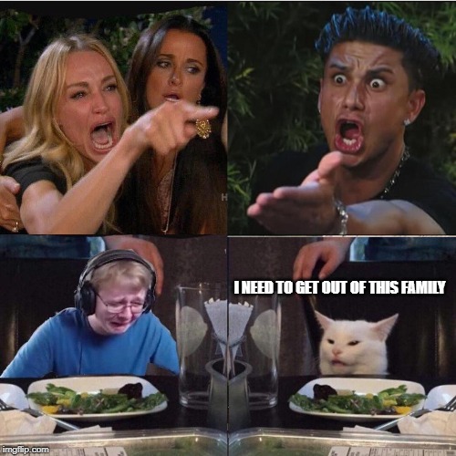 Taylor Armstrong and Pauly D yelling at each other whilst call m | I NEED TO GET OUT OF THIS FAMILY | image tagged in woman yelling at cat,dysfunctional,family,yelling,screaming,crying | made w/ Imgflip meme maker