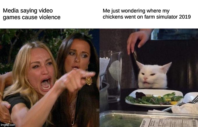 Woman Yelling At Cat Meme | Media saying video games cause violence; Me just wondering where my chickens went on farm simulator 2019 | image tagged in memes,woman yelling at cat | made w/ Imgflip meme maker