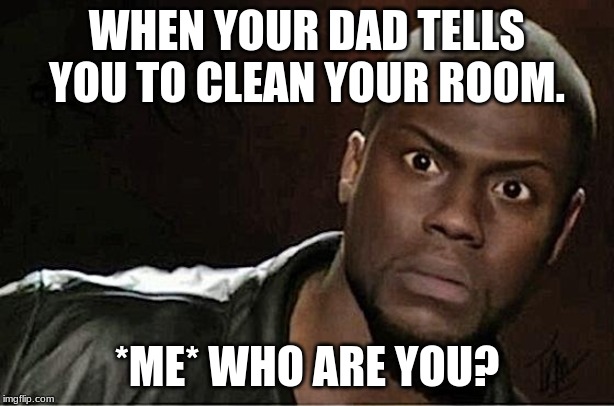 Kevin Hart | WHEN YOUR DAD TELLS YOU TO CLEAN YOUR ROOM. *ME* WHO ARE YOU? | image tagged in memes,kevin hart | made w/ Imgflip meme maker