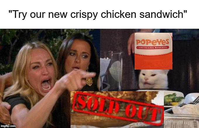 Woman Yelling At Cat Meme | "Try our new crispy chicken sandwich" | image tagged in memes,woman yelling at cat | made w/ Imgflip meme maker