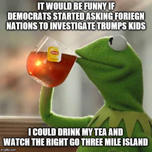 But That's None Of My Business | IT WOULD BE FUNNY IF DEMOCRATS STARTED ASKING FORIEGN NATIONS TO INVESTIGATE TRUMPS KIDS; I COULD DRINK MY TEA AND WATCH THE RIGHT GO THREE MILE ISLAND | image tagged in memes,but thats none of my business,kermit the frog | made w/ Imgflip meme maker