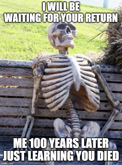Waiting Skeleton Meme | I WILL BE WAITING FOR YOUR RETURN; ME 100 YEARS LATER JUST LEARNING YOU DIED | image tagged in memes,waiting skeleton | made w/ Imgflip meme maker