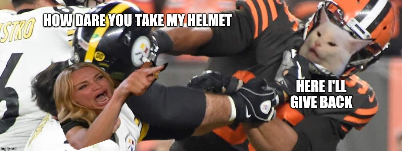 Browns vs Steelers game | HOW DARE YOU TAKE MY HELMET; HERE I'LL GIVE BACK | image tagged in memes,nfl memes | made w/ Imgflip meme maker