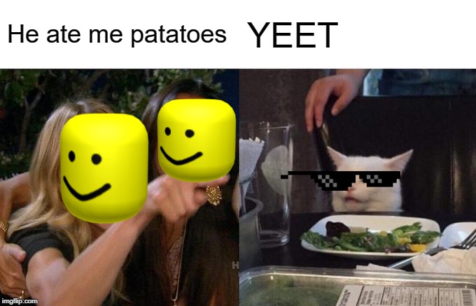 Woman Yelling At Cat | He ate me patatoes; YEET | image tagged in memes,woman yelling at cat | made w/ Imgflip meme maker