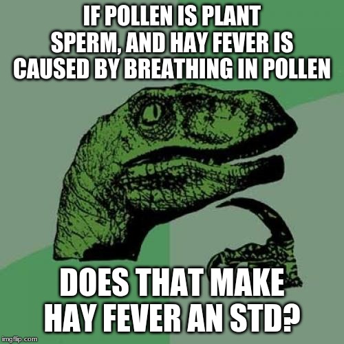 Philosoraptor Meme | IF POLLEN IS PLANT SPERM, AND HAY FEVER IS CAUSED BY BREATHING IN POLLEN; DOES THAT MAKE HAY FEVER AN STD? | image tagged in memes,philosoraptor | made w/ Imgflip meme maker