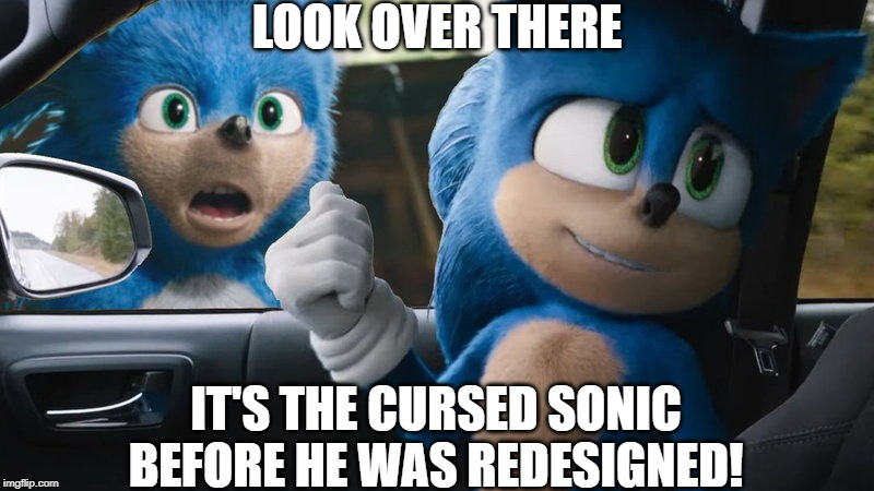 look | LOOK OVER THERE; IT'S THE CURSED SONIC BEFORE HE WAS REDESIGNED! | image tagged in sonic points at sonic,sonic the hedgehog,sonic movie | made w/ Imgflip meme maker