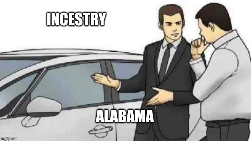 Car Salesman Slaps Roof Of Car Meme | INCESTRY; ALABAMA | image tagged in memes,car salesman slaps roof of car | made w/ Imgflip meme maker