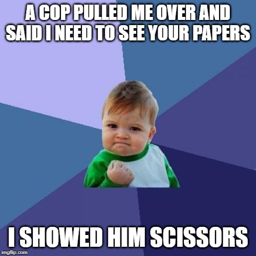 Success Kid Meme | A COP PULLED ME OVER AND SAID I NEED TO SEE YOUR PAPERS; I SHOWED HIM SCISSORS | image tagged in memes,success kid | made w/ Imgflip meme maker