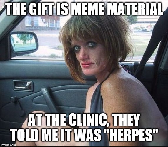 crack whore hooker | THE GIFT IS MEME MATERIAL AT THE CLINIC, THEY TOLD ME IT WAS "HERPES" | image tagged in crack whore hooker | made w/ Imgflip meme maker