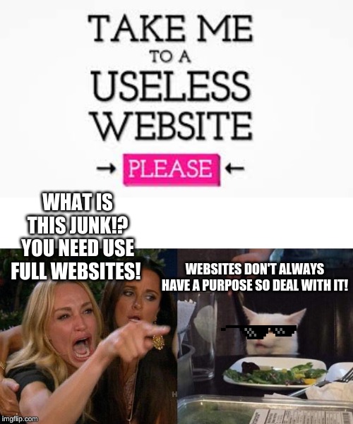 WHAT IS THIS JUNK!? YOU NEED USE FULL WEBSITES! WEBSITES DON'T ALWAYS HAVE A PURPOSE SO DEAL WITH IT! | image tagged in memes,woman yelling at cat | made w/ Imgflip meme maker