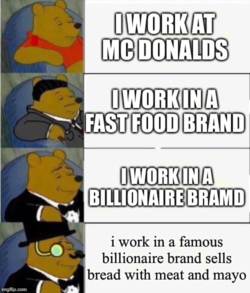 Tuxedo Winnie the Pooh 4 panel | I WORK AT MC DONALDS; I WORK IN A FAST FOOD BRAND; I WORK IN A BILLIONAIRE BRAMD; i work in a famous billionaire brand sells bread with meat and mayo | image tagged in tuxedo winnie the pooh 4 panel | made w/ Imgflip meme maker
