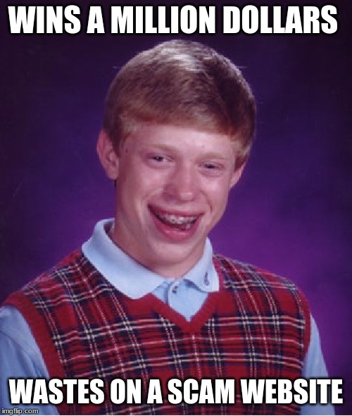 Bad Luck Brian | WINS A MILLION DOLLARS; WASTES ON A SCAM WEBSITE | image tagged in memes,bad luck brian | made w/ Imgflip meme maker