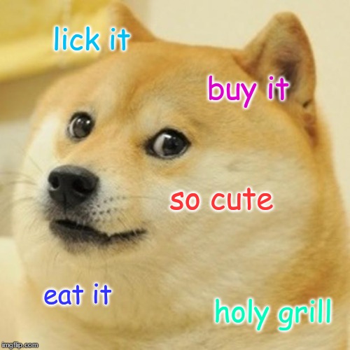 Doge | lick it; buy it; so cute; eat it; holy grill | image tagged in memes,doge | made w/ Imgflip meme maker