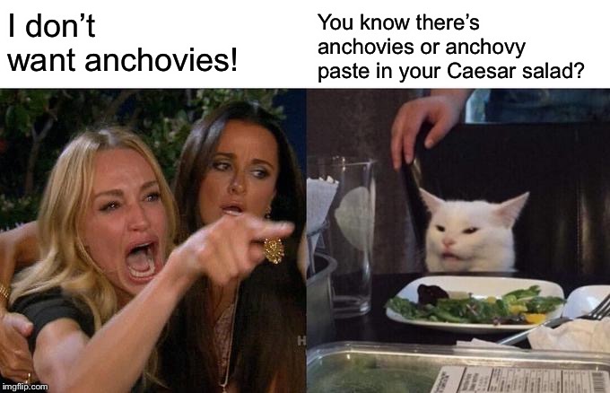 Woman Yelling At Cat Meme | I don’t want anchovies! You know there’s anchovies or anchovy paste in your Caesar salad? | image tagged in memes,woman yelling at cat | made w/ Imgflip meme maker