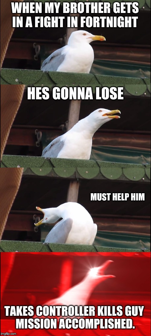 Inhaling Seagull | WHEN MY BROTHER GETS IN A FIGHT IN FORTNIGHT; HES GONNA LOSE; MUST HELP HIM; TAKES CONTROLLER KILLS GUY 
MISSION ACCOMPLISHED. | image tagged in memes,inhaling seagull | made w/ Imgflip meme maker