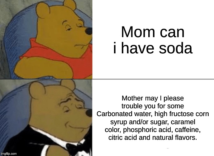 Tuxedo Winnie The Pooh Meme | Mom can i have soda; Mother may I please trouble you for some
Carbonated water, high fructose corn syrup and/or sugar, caramel color, phosphoric acid, caffeine, citric acid and natural flavors. | image tagged in memes,tuxedo winnie the pooh | made w/ Imgflip meme maker