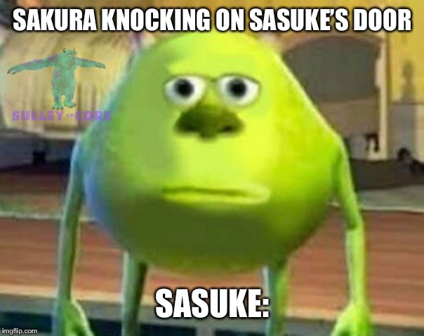 Monsters Inc | SAKURA KNOCKING ON SASUKE’S DOOR; SASUKE: | image tagged in monsters inc | made w/ Imgflip meme maker