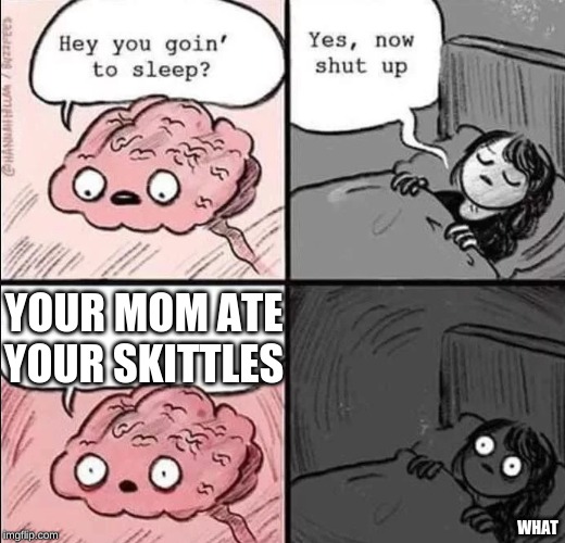 waking up brain | YOUR MOM ATE YOUR SKITTLES; WHAT | image tagged in waking up brain | made w/ Imgflip meme maker