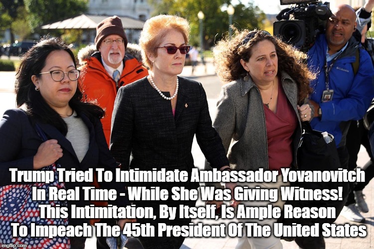 Trump Tried To Intimidate Ambassador Yovanovitch
 In Real Time - While She Was Giving Witness! 
This Intimitation, By Itself, Is Ample Reaso | made w/ Imgflip meme maker