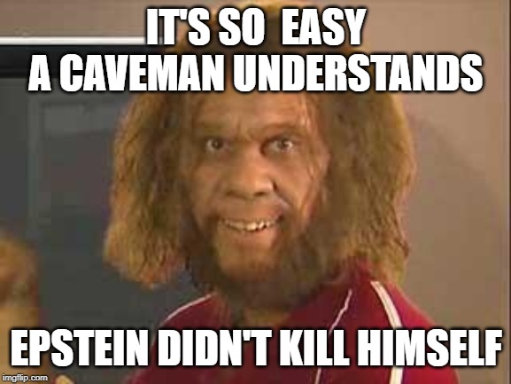 caveman | IT'S SO  EASY A CAVEMAN UNDERSTANDS; EPSTEIN DIDN'T KILL HIMSELF | image tagged in caveman | made w/ Imgflip meme maker