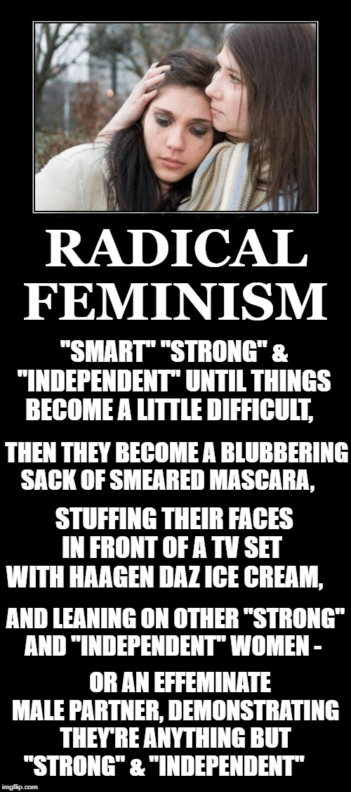"Strong" and "Independent" Women of the World, Unite !  #MeToo | RADICAL FEMINISM; "SMART" "STRONG" & "INDEPENDENT" UNTIL THINGS BECOME A LITTLE DIFFICULT, THEN THEY BECOME A BLUBBERING SACK OF SMEARED MASCARA, STUFFING THEIR FACES IN FRONT OF A TV SET WITH HAAGEN DAZ ICE CREAM, AND LEANING ON OTHER "STRONG" AND "INDEPENDENT" WOMEN -; OR AN EFFEMINATE MALE PARTNER, DEMONSTRATING THEY'RE ANYTHING BUT "STRONG" & "INDEPENDENT" | image tagged in feminism,libealism,me too,politics,social justice,woke culture | made w/ Imgflip meme maker