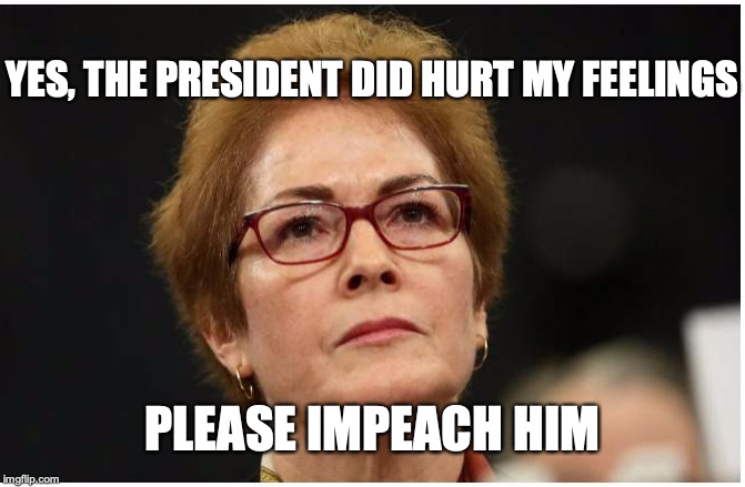 Orange man bad! | YES, THE PRESIDENT DID HURT MY FEELINGS; PLEASE IMPEACH HIM | image tagged in marie yovanovitch | made w/ Imgflip meme maker