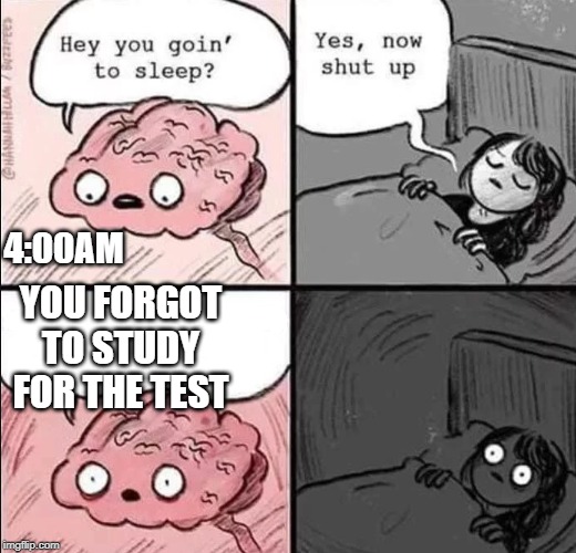 waking up brain | 4:00AM; YOU FORGOT TO STUDY FOR THE TEST | image tagged in waking up brain | made w/ Imgflip meme maker