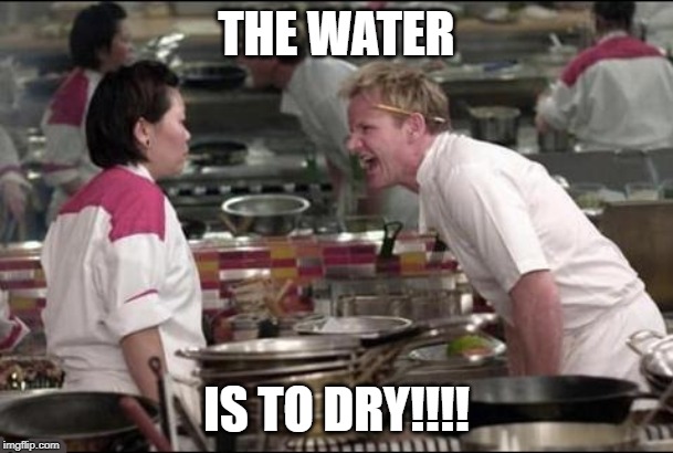 Angry Chef Gordon Ramsay Meme | THE WATER; IS TO DRY!!!! | image tagged in memes,angry chef gordon ramsay | made w/ Imgflip meme maker