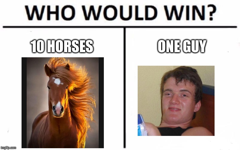 Who Would Win? Meme | 10 HORSES; ONE GUY | image tagged in memes,who would win | made w/ Imgflip meme maker